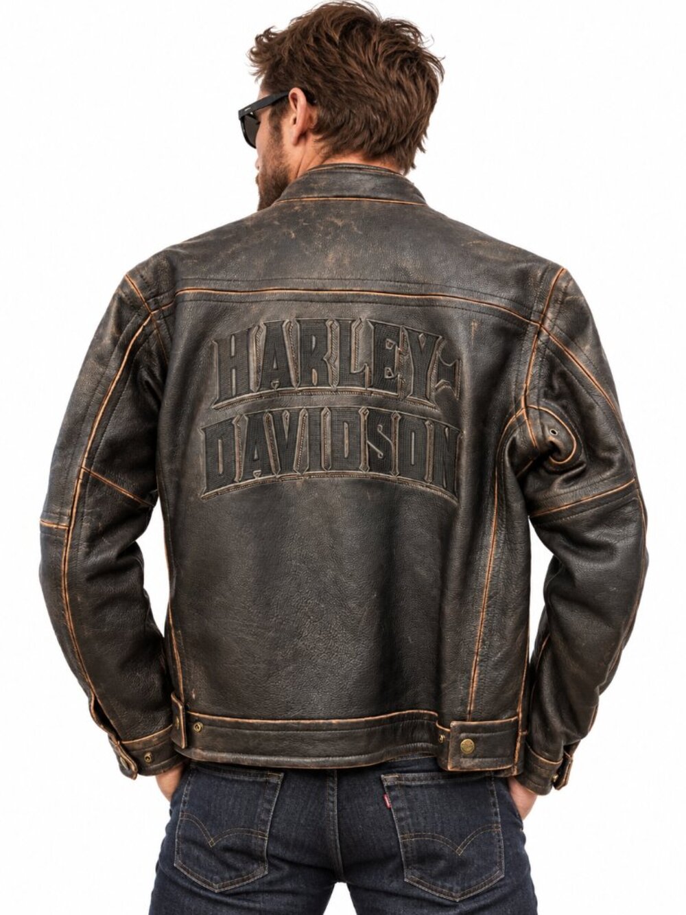 Harley Davidson Distressed Brown Leather Cafe Racer Moto Jacket Mens Medium